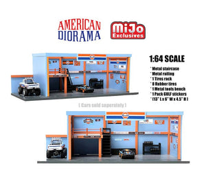 American Diorama 1:64 Mijo Exclusive Garage Diorama with Auto World GULF Stickers Included